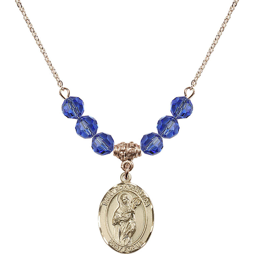 14kt Gold Filled Saint Scholastica Birthstone Necklace with Sapphire Beads - 8099