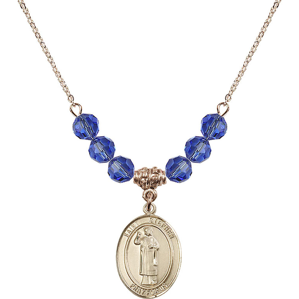 14kt Gold Filled Saint Stephen the Martyr Birthstone Necklace with Sapphire Beads - 8104