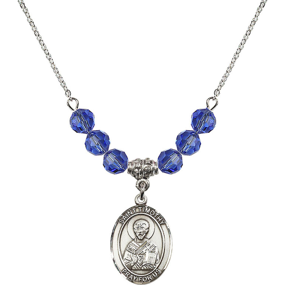 Sterling Silver Saint Timothy Birthstone Necklace with Sapphire Beads - 8105