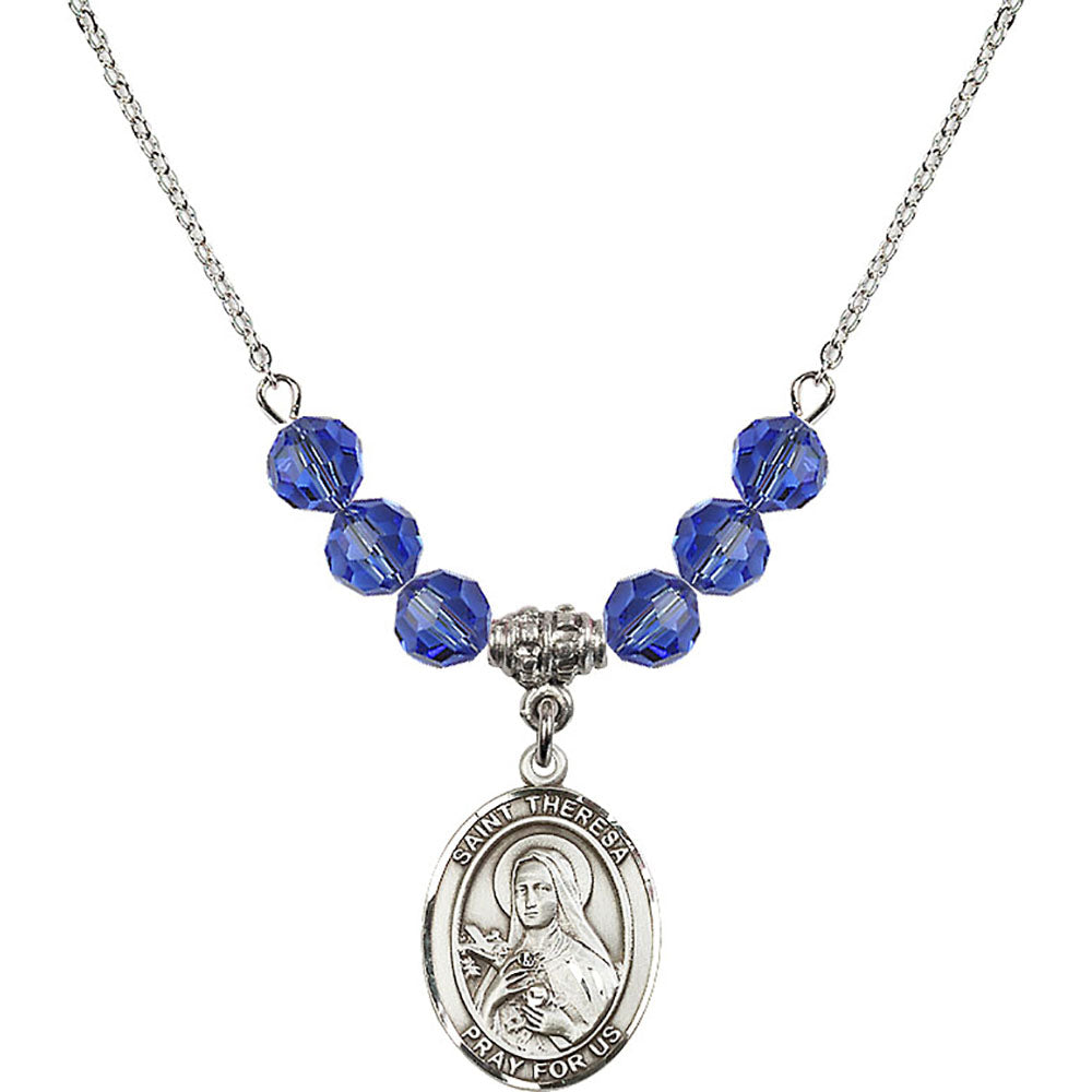 Sterling Silver Saint Theresa Birthstone Necklace with Sapphire Beads - 8106