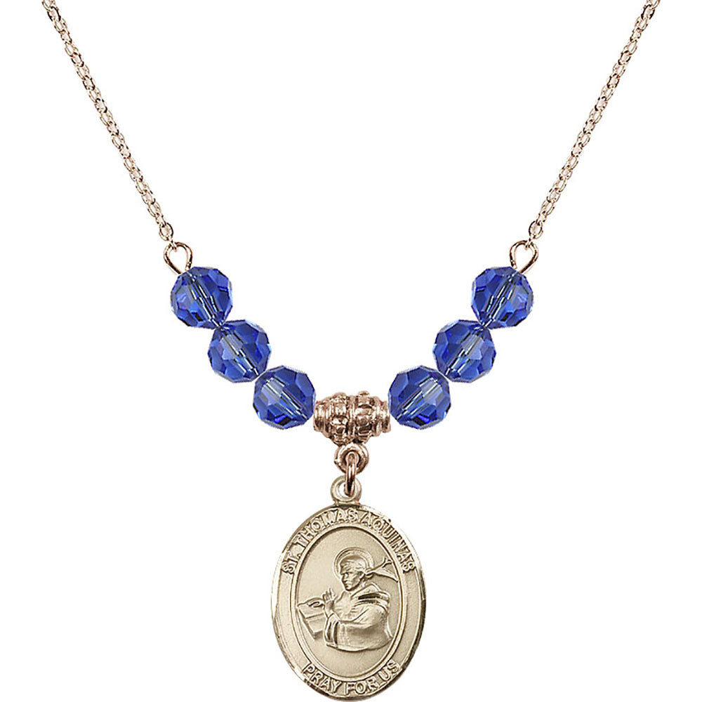 14kt Gold Filled Saint Thomas Aquinas Birthstone Necklace with Sapphire Beads - 8108