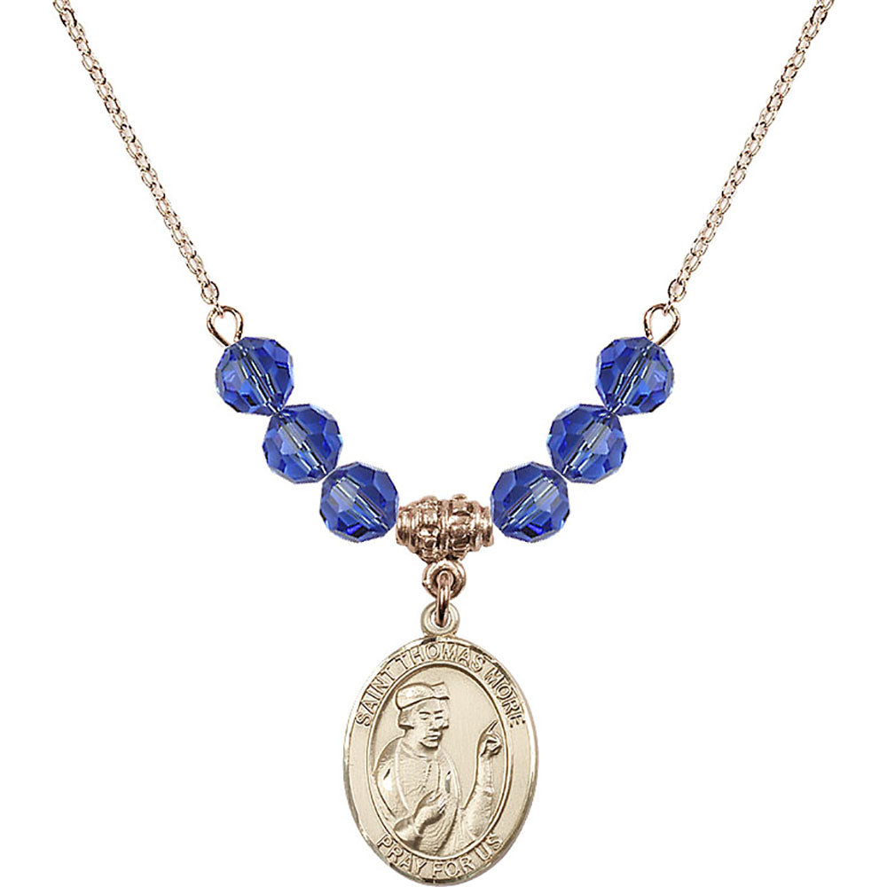 14kt Gold Filled Saint Thomas More Birthstone Necklace with Sapphire Beads - 8109