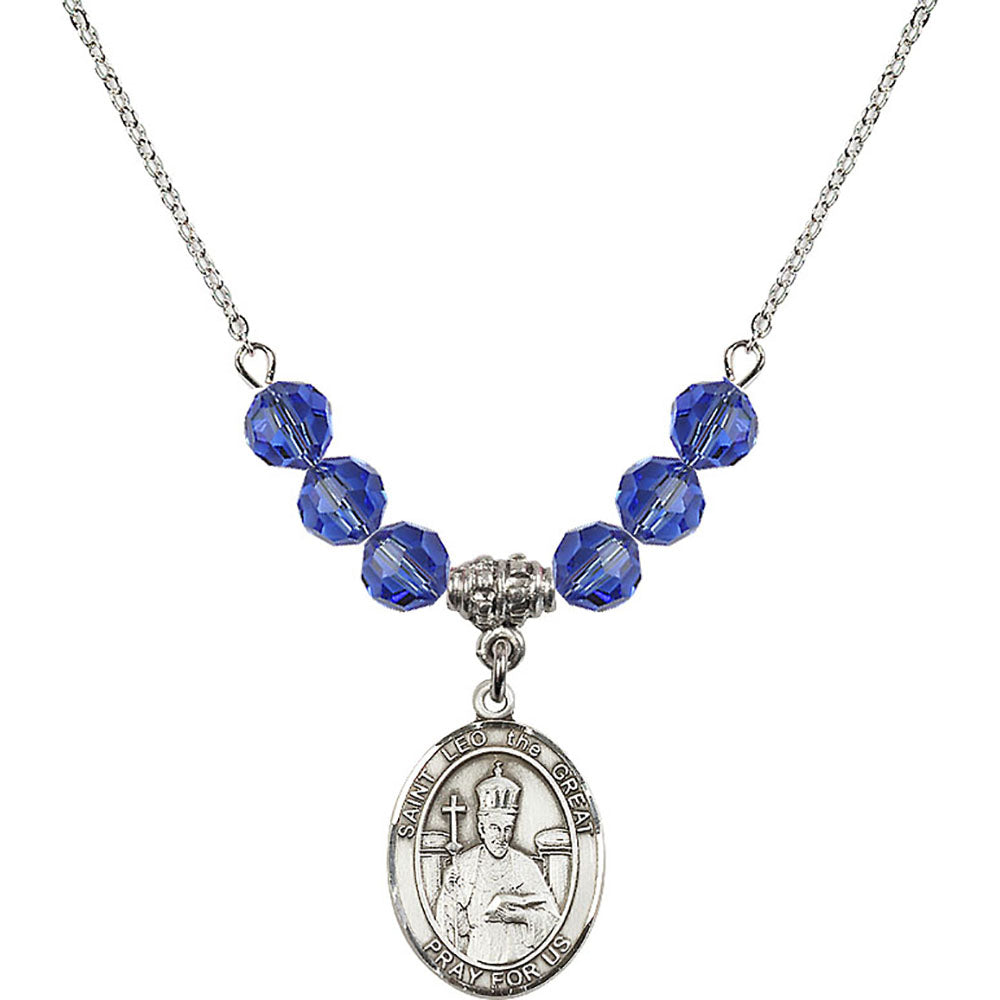 Sterling Silver Saint Leo the Great Birthstone Necklace with Sapphire Beads - 8120