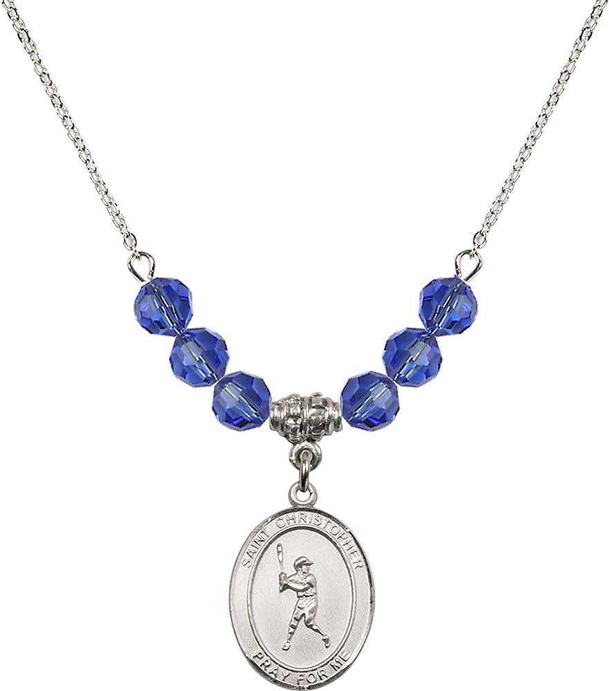 Sterling Silver Saint Christopher/Baseball Birthstone Necklace with Sapphire Beads - 8150