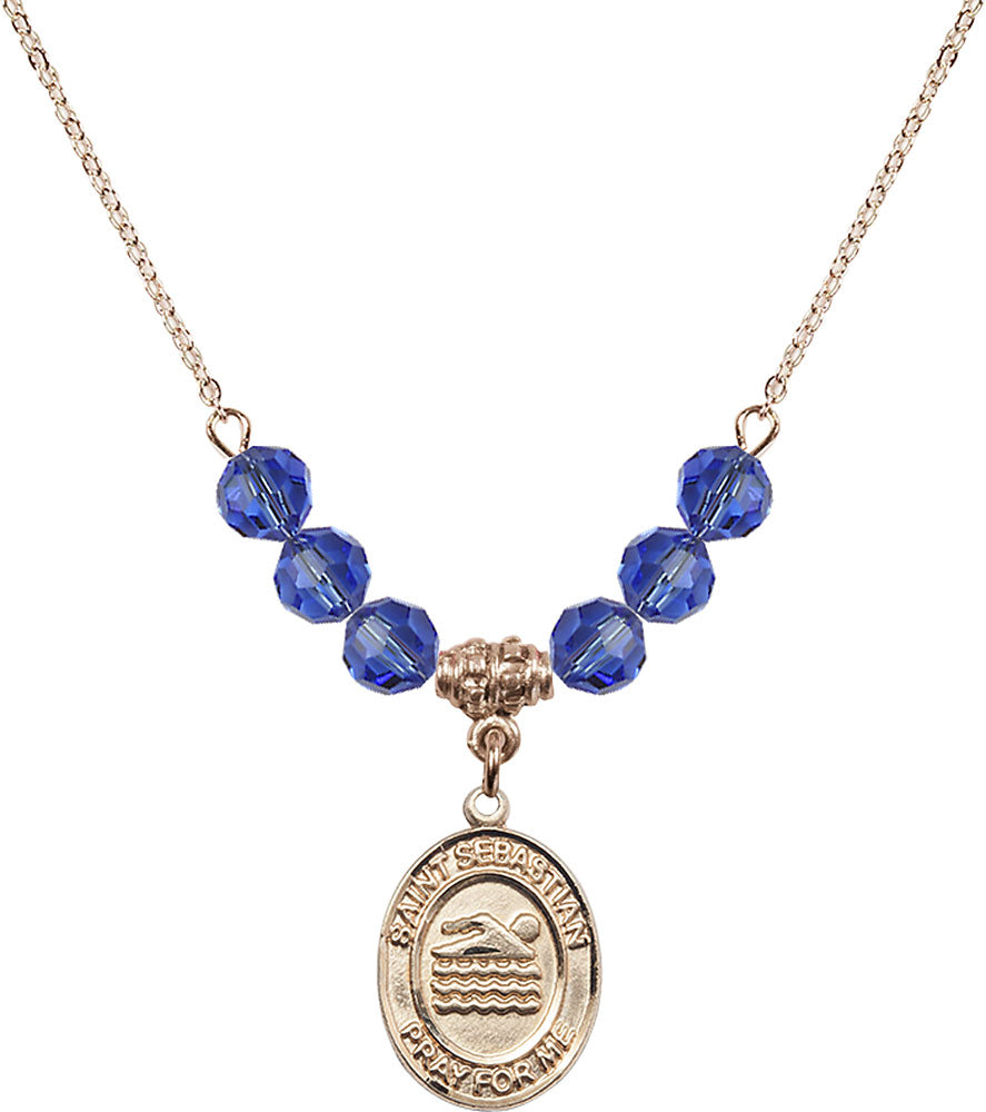 14kt Gold Filled Saint Sebastian/Swimming Birthstone Necklace with Sapphire Beads - 8167