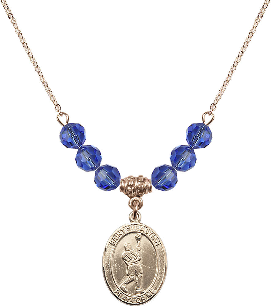 14kt Gold Filled Saint Sebastian/Lacrosse Birthstone Necklace with Sapphire Beads - 8174