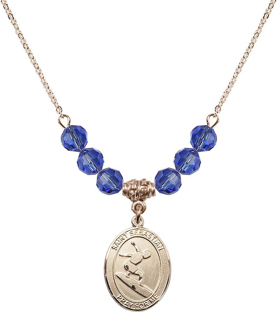 14kt Gold Filled Saint Sebastian/Surfing Birthstone Necklace with Sapphire Beads - 8175