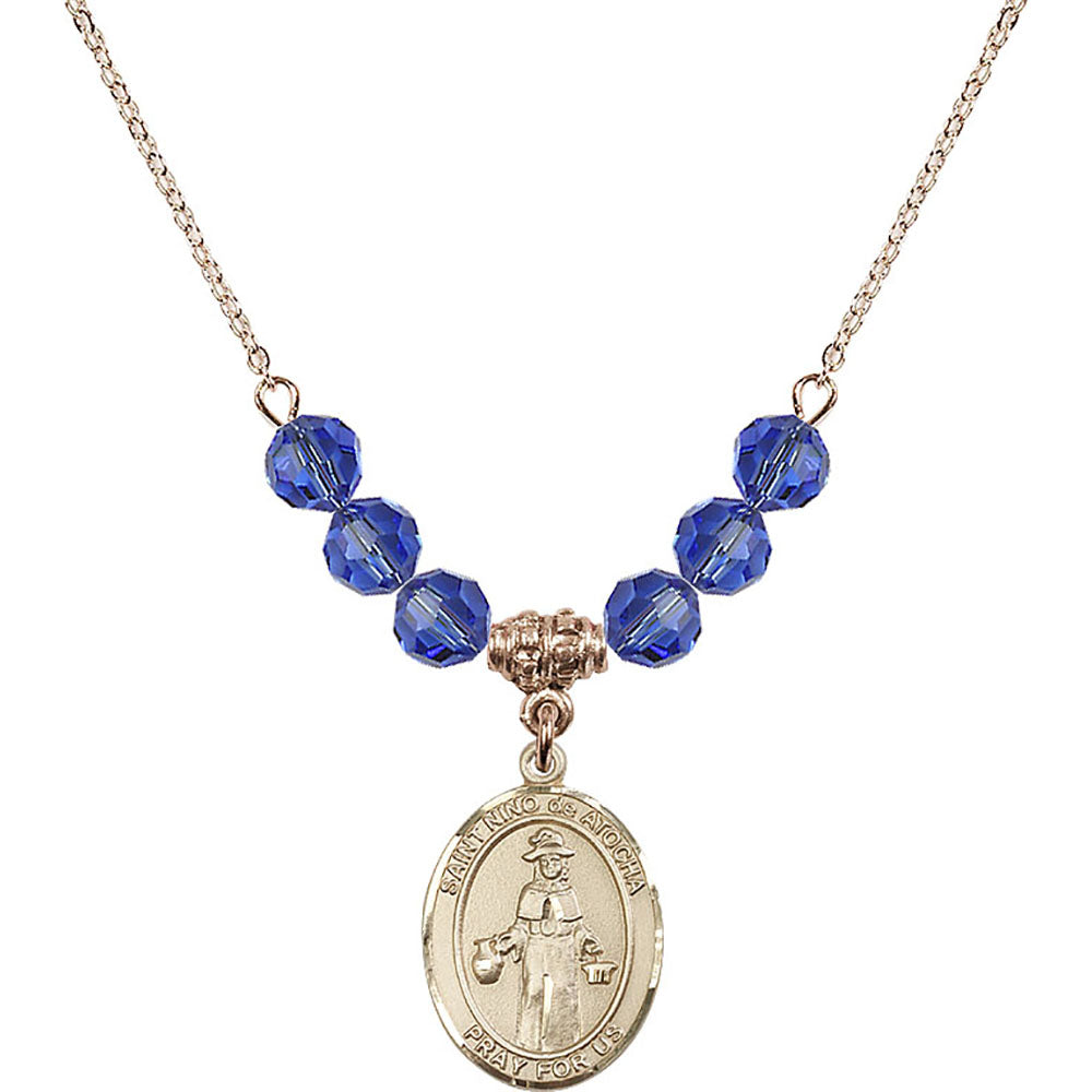 14kt Gold Filled Saint Nino de Atocha Birthstone Necklace with Sapphire Beads - 8214