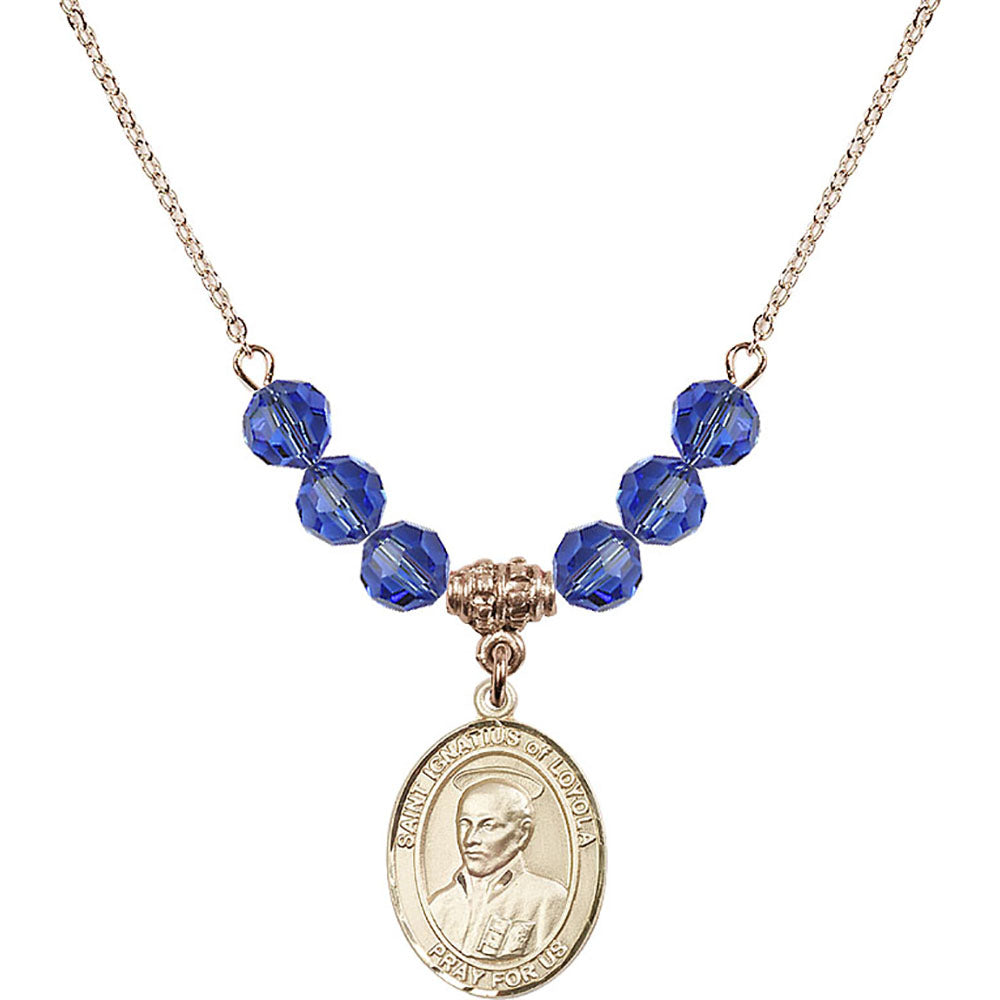 14kt Gold Filled Saint Ignatius of Loyola Birthstone Necklace with Sapphire Beads - 8217