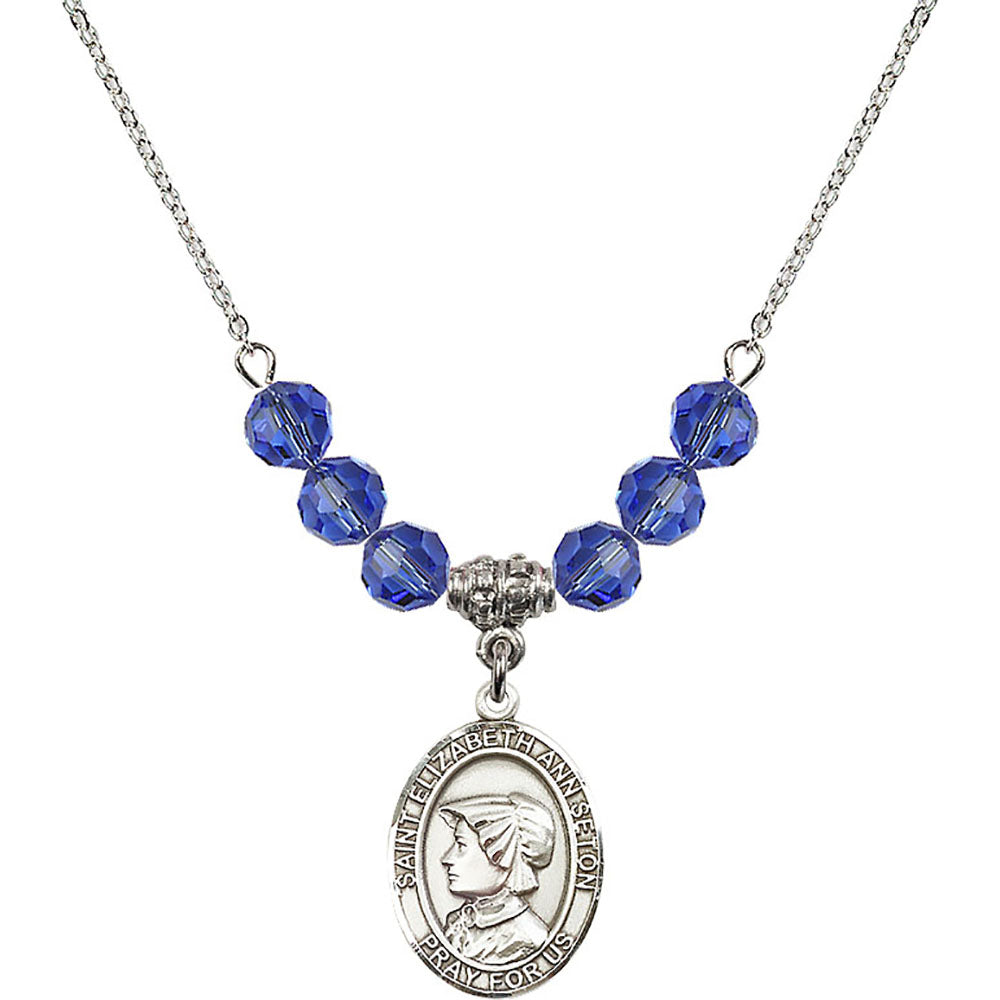 Sterling Silver Saint Elizabeth Ann Seton Birthstone Necklace with Sapphire Beads - 8224