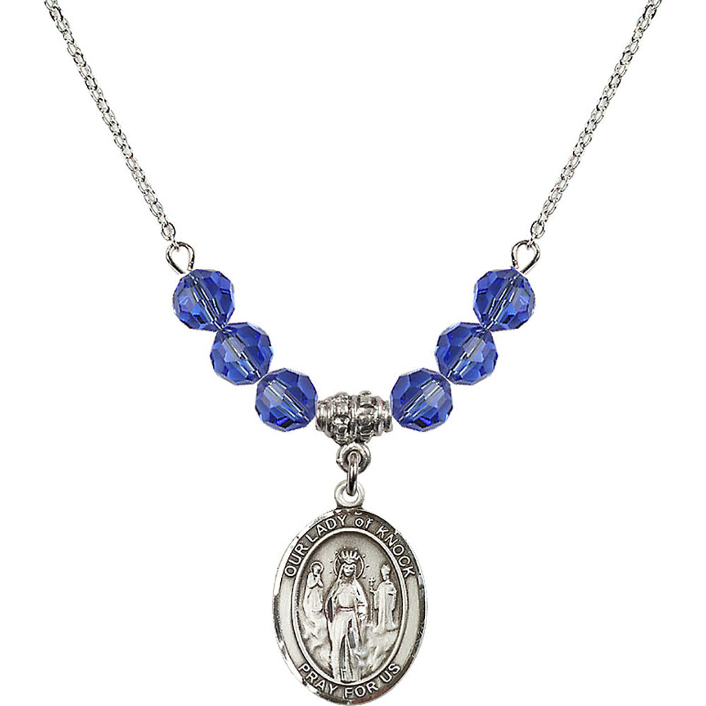 Sterling Silver Our Lady of Knock Birthstone Necklace with Sapphire Beads - 8246