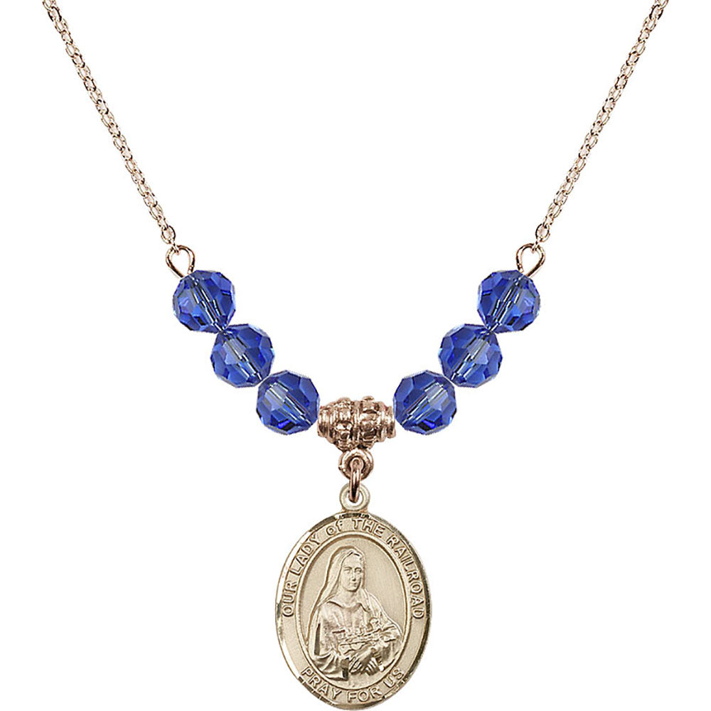 14kt Gold Filled Our Lady of the Railroad Birthstone Necklace with Sapphire Beads - 8247
