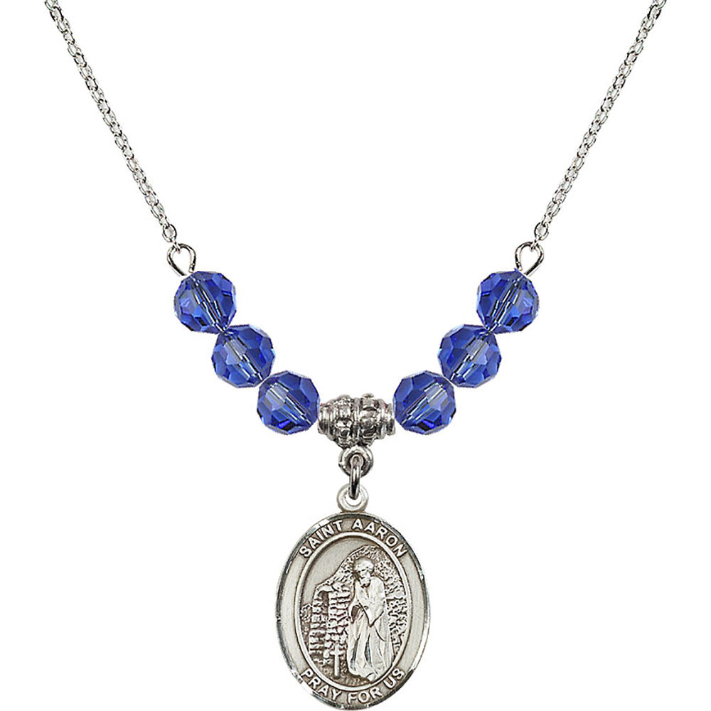 Sterling Silver Saint Aaron Birthstone Necklace with Sapphire Beads - 8254