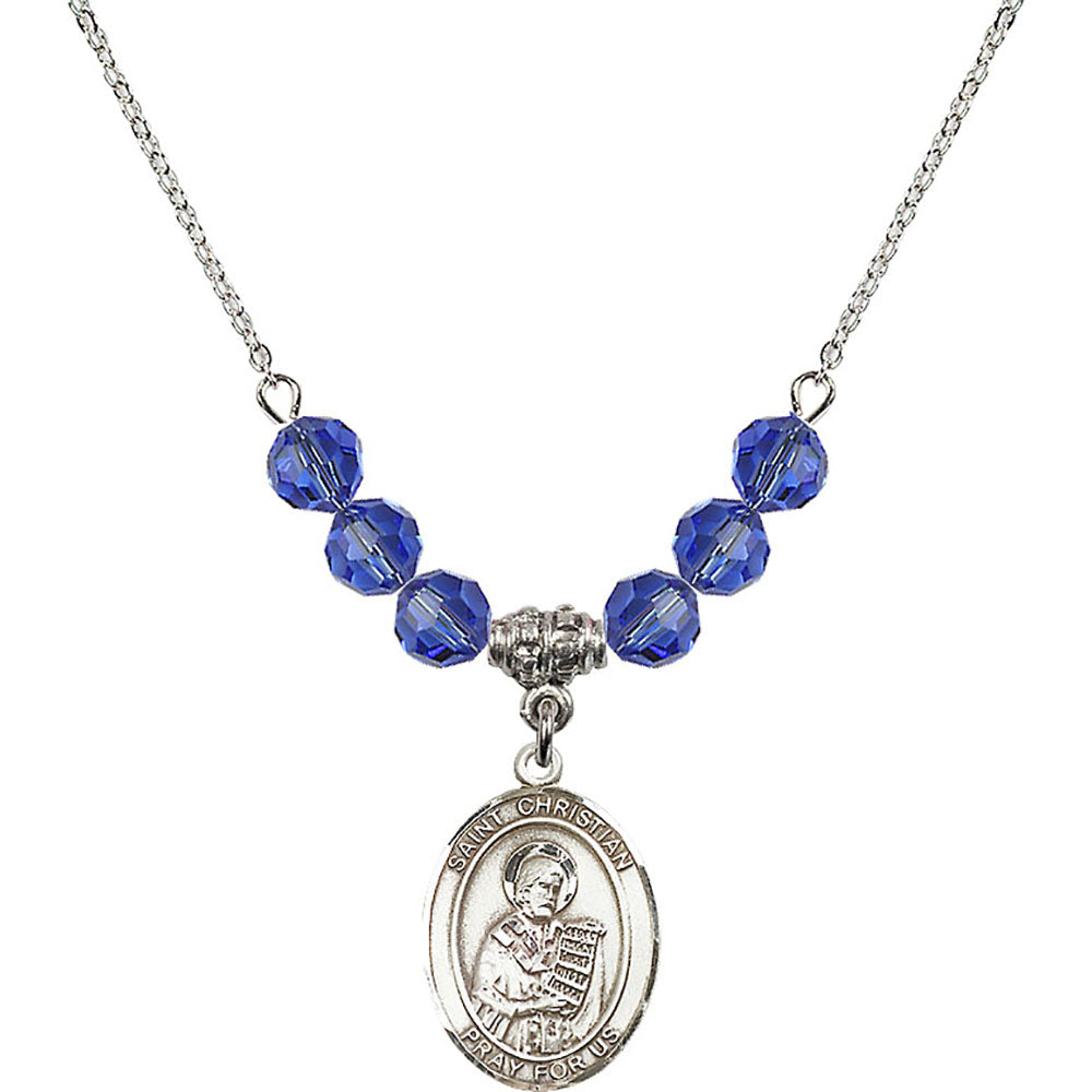 Sterling Silver Saint Christian Demosthenes Birthstone Necklace with Sapphire Beads - 8257