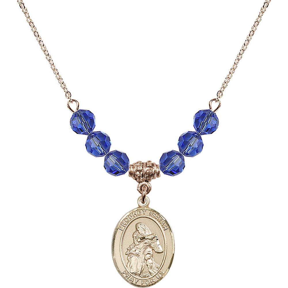 14kt Gold Filled Saint Isaiah Birthstone Necklace with Sapphire Beads - 8258
