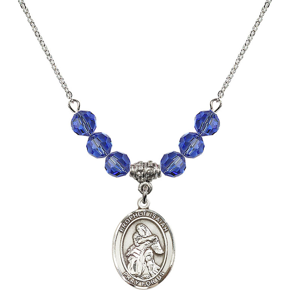 Sterling Silver Saint Isaiah Birthstone Necklace with Sapphire Beads - 8258