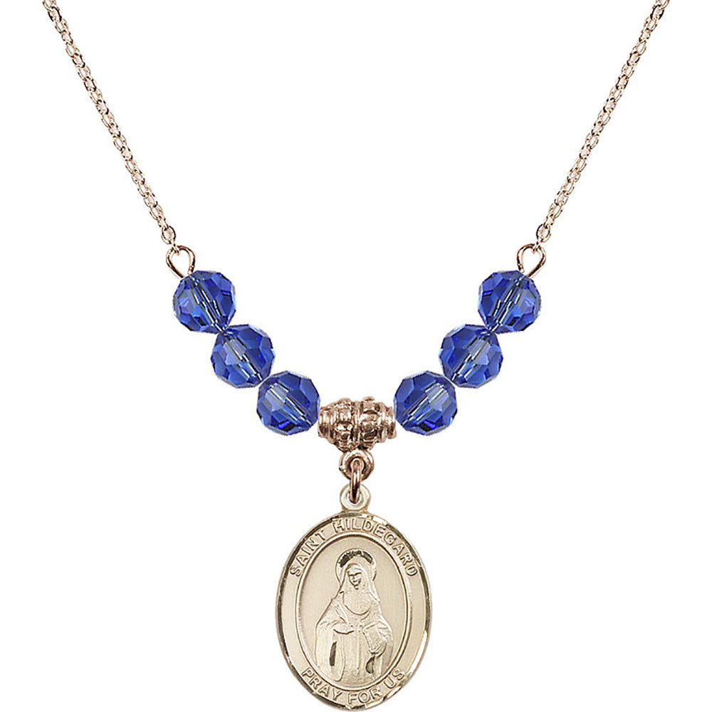 14kt Gold Filled Saint Hildegard von Bingen Birthstone Necklace with Sapphire Beads - 8260