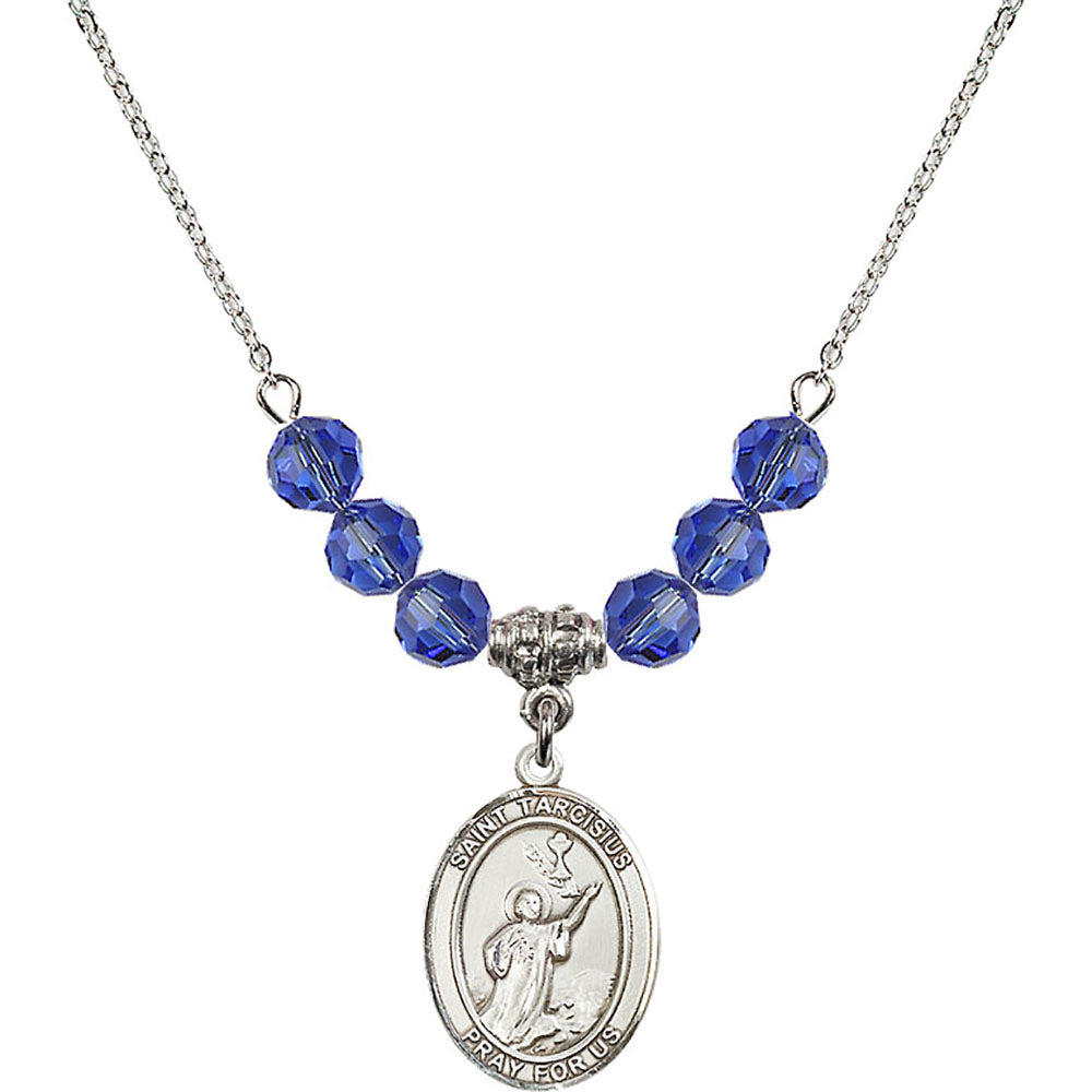 Sterling Silver Saint Tarcisius Birthstone Necklace with Sapphire Beads - 8261