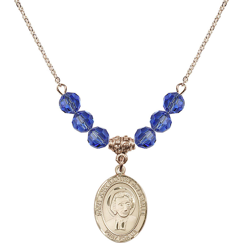 14kt Gold Filled Saint John Baptist de la Salle Birthstone Necklace with Sapphire Beads - 8262