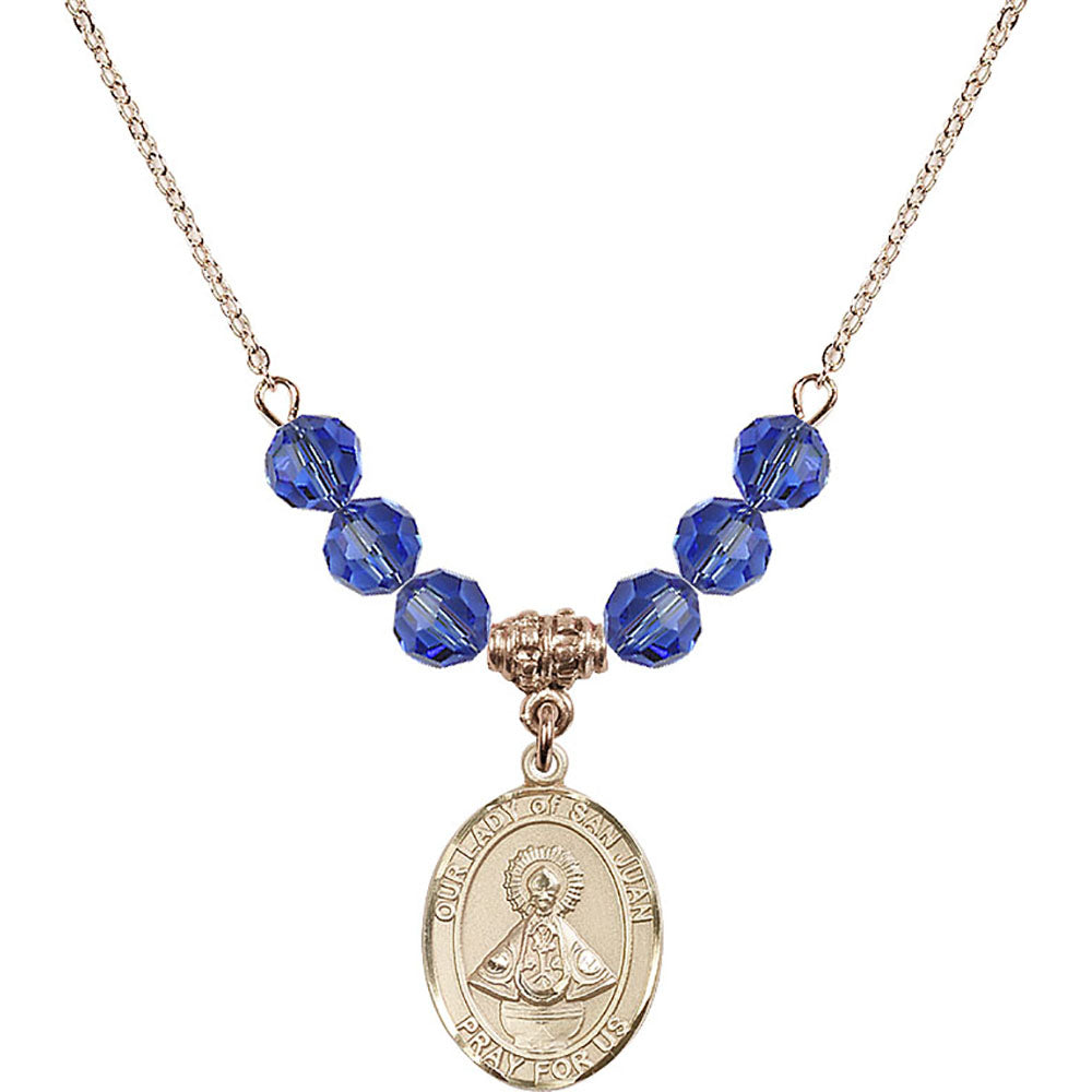 14kt Gold Filled Our Lady of San Juan Birthstone Necklace with Sapphire Beads - 8263