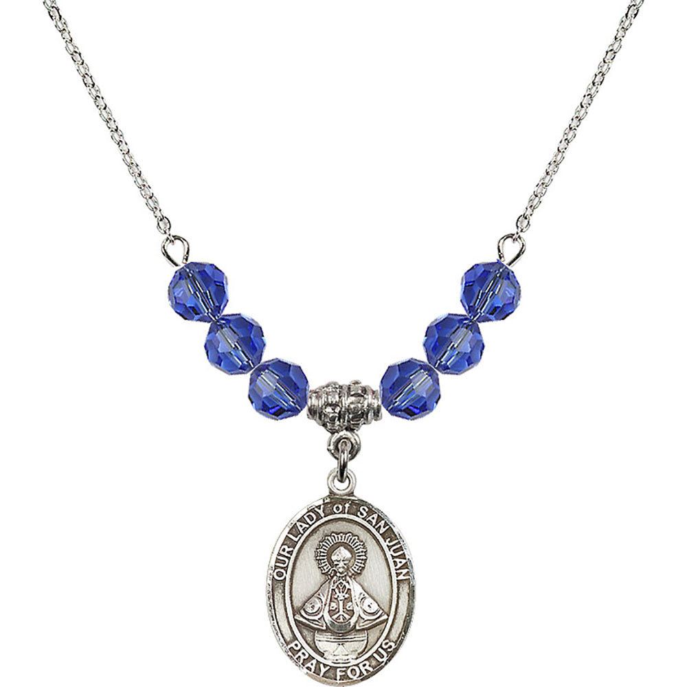 Sterling Silver Our Lady of San Juan Birthstone Necklace with Sapphire Beads - 8263