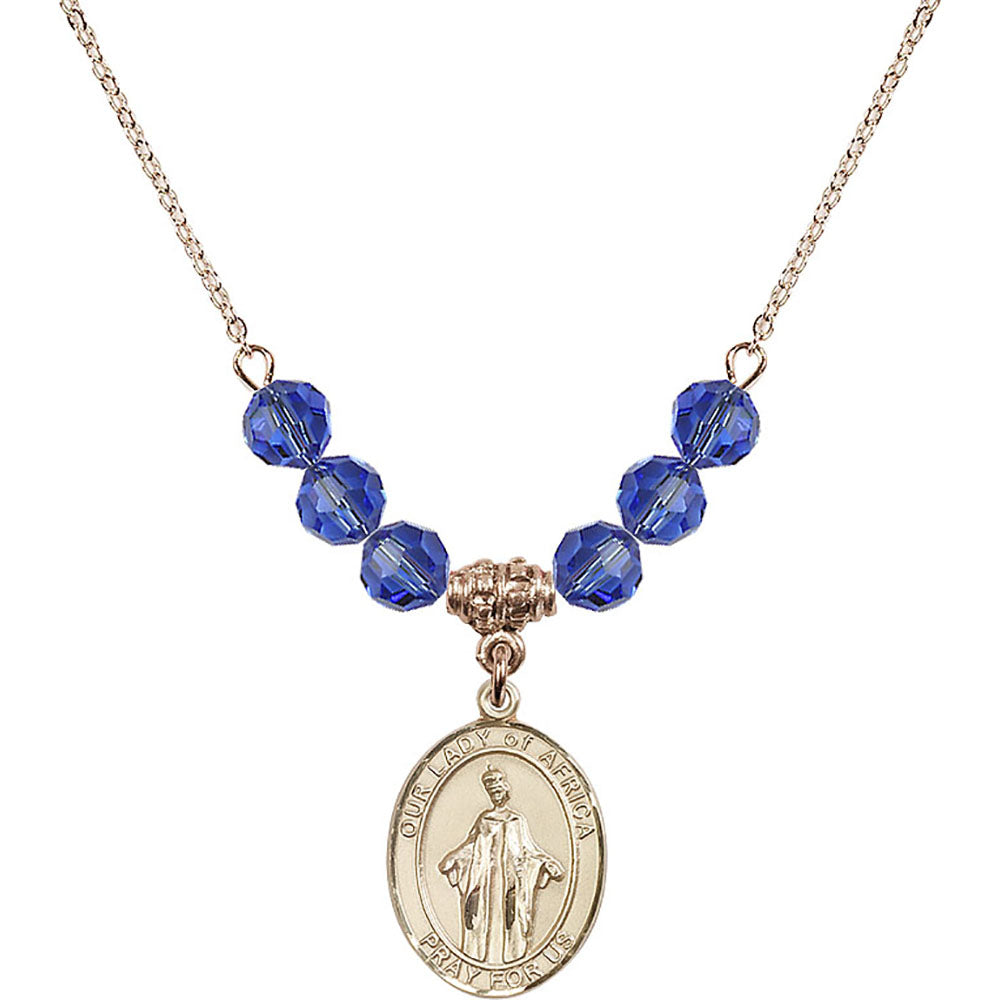 14kt Gold Filled Our Lady of Africa Birthstone Necklace with Sapphire Beads - 8269