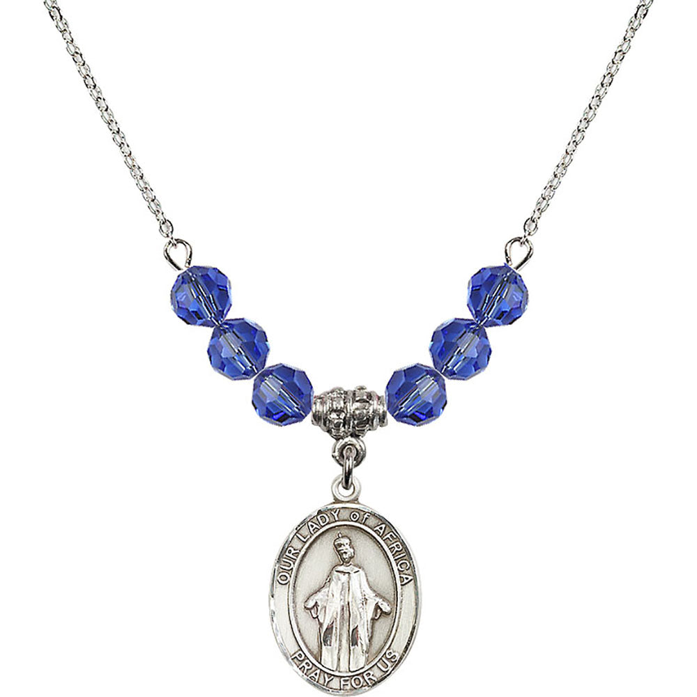 Sterling Silver Our Lady of Africa Birthstone Necklace with Sapphire Beads - 8269