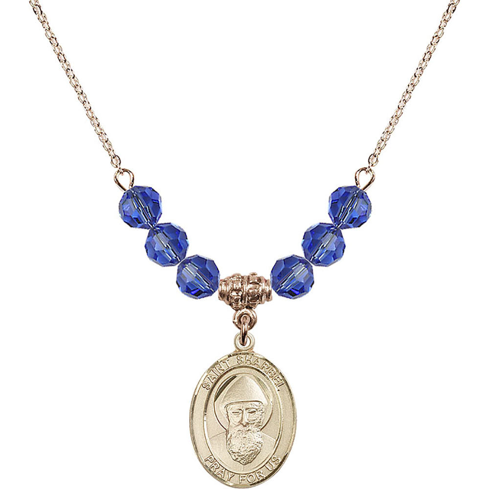14kt Gold Filled Saint Sharbel Birthstone Necklace with Sapphire Beads - 8271