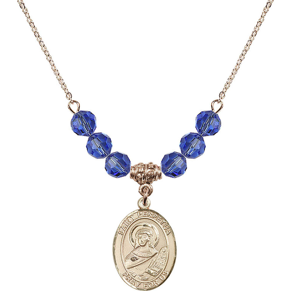 14kt Gold Filled Saint Perpetua Birthstone Necklace with Sapphire Beads - 8272