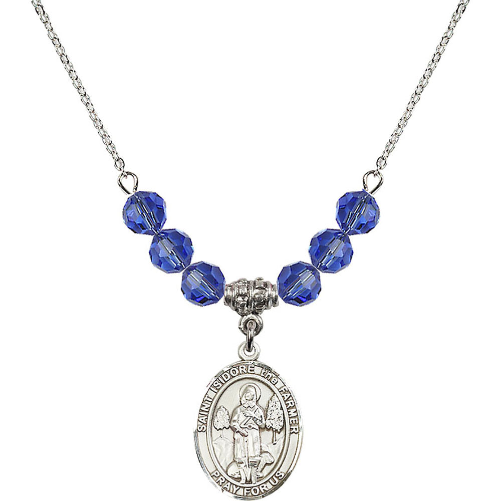 Sterling Silver Saint Isidore the Farmer Birthstone Necklace with Sapphire Beads - 8276