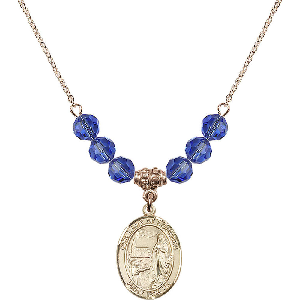 14kt Gold Filled Our Lady of Lourdes Birthstone Necklace with Sapphire Beads - 8288