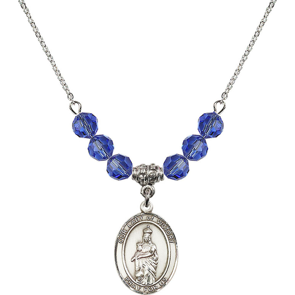 Sterling Silver Our Lady of Victory Birthstone Necklace with Sapphire Beads - 8306
