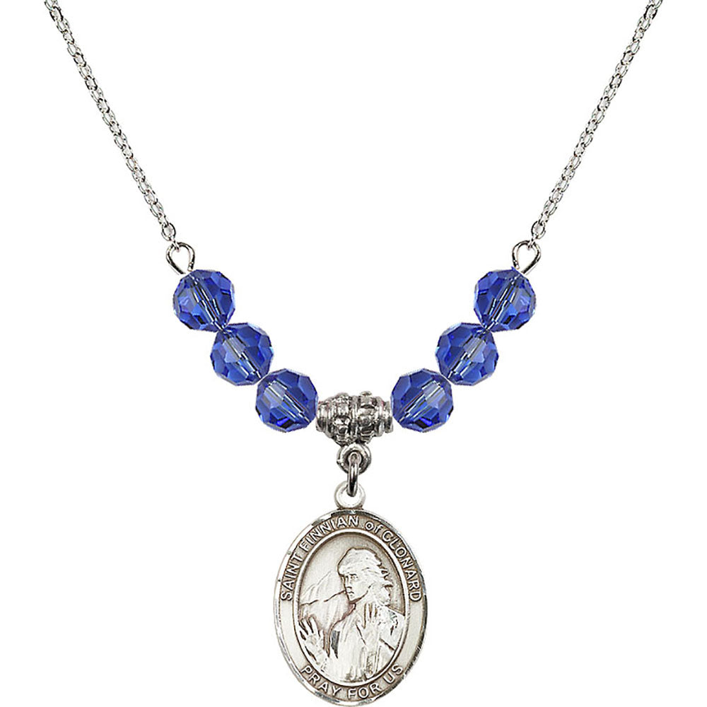 Sterling Silver Saint Finnian of Clonard Birthstone Necklace with Sapphire Beads - 8308