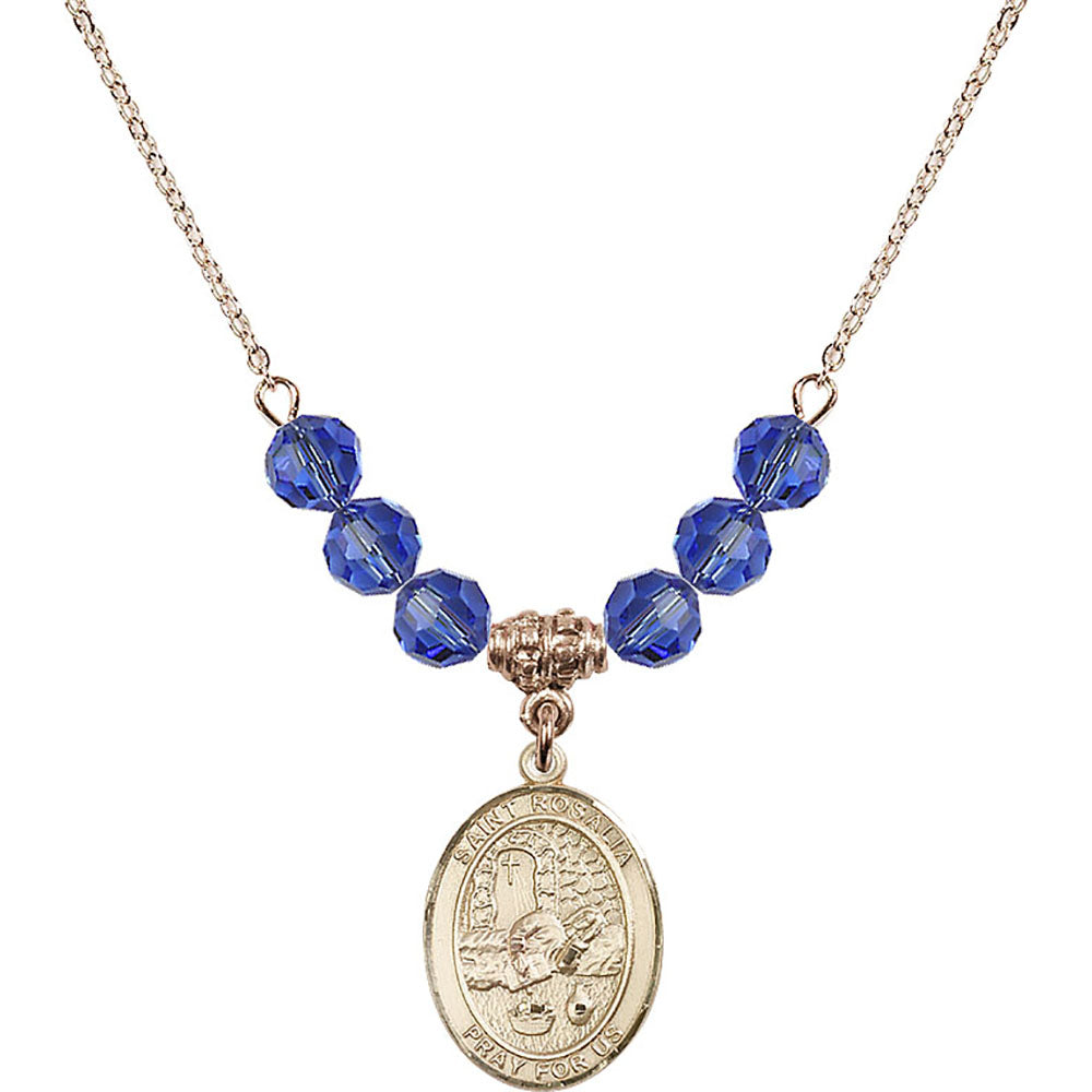 14kt Gold Filled Saint Rosalia Birthstone Necklace with Sapphire Beads - 8309