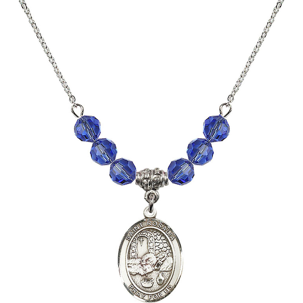 Sterling Silver Saint Rosalia Birthstone Necklace with Sapphire Beads - 8309