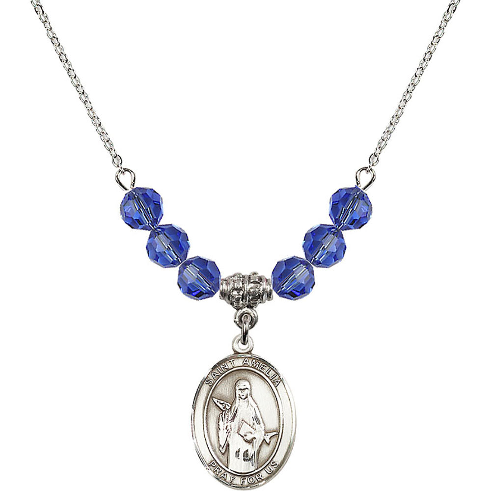 Sterling Silver Saint Amelia Birthstone Necklace with Sapphire Beads - 8313