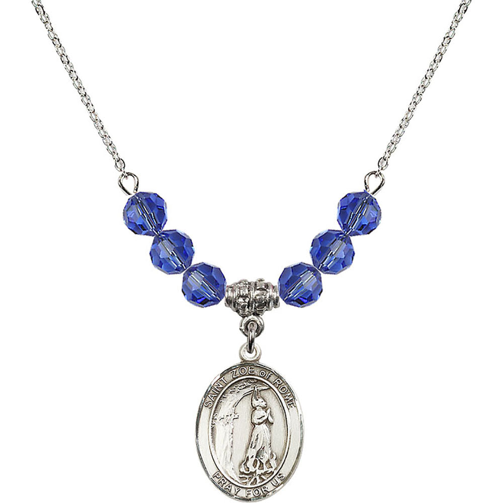 Sterling Silver Saint Zoe of Rome Birthstone Necklace with Sapphire Beads - 8314
