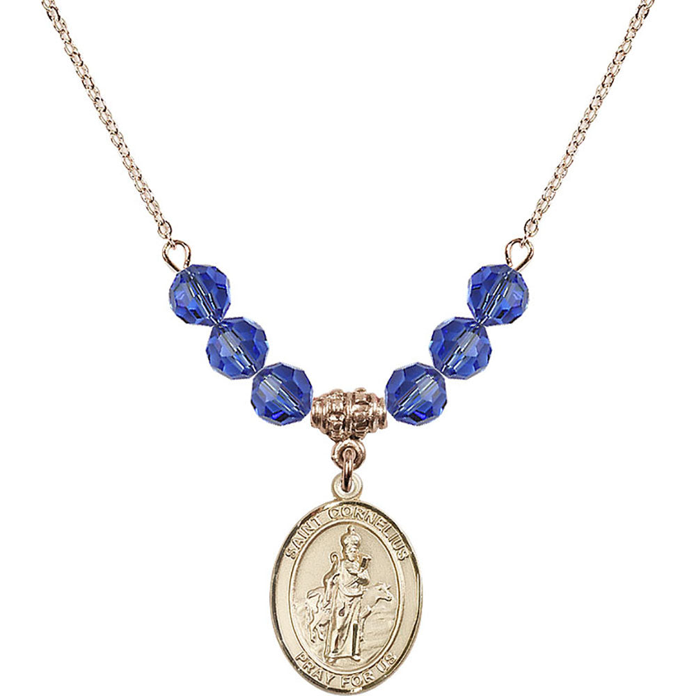 14kt Gold Filled Saint Cornelius Birthstone Necklace with Sapphire Beads - 8325