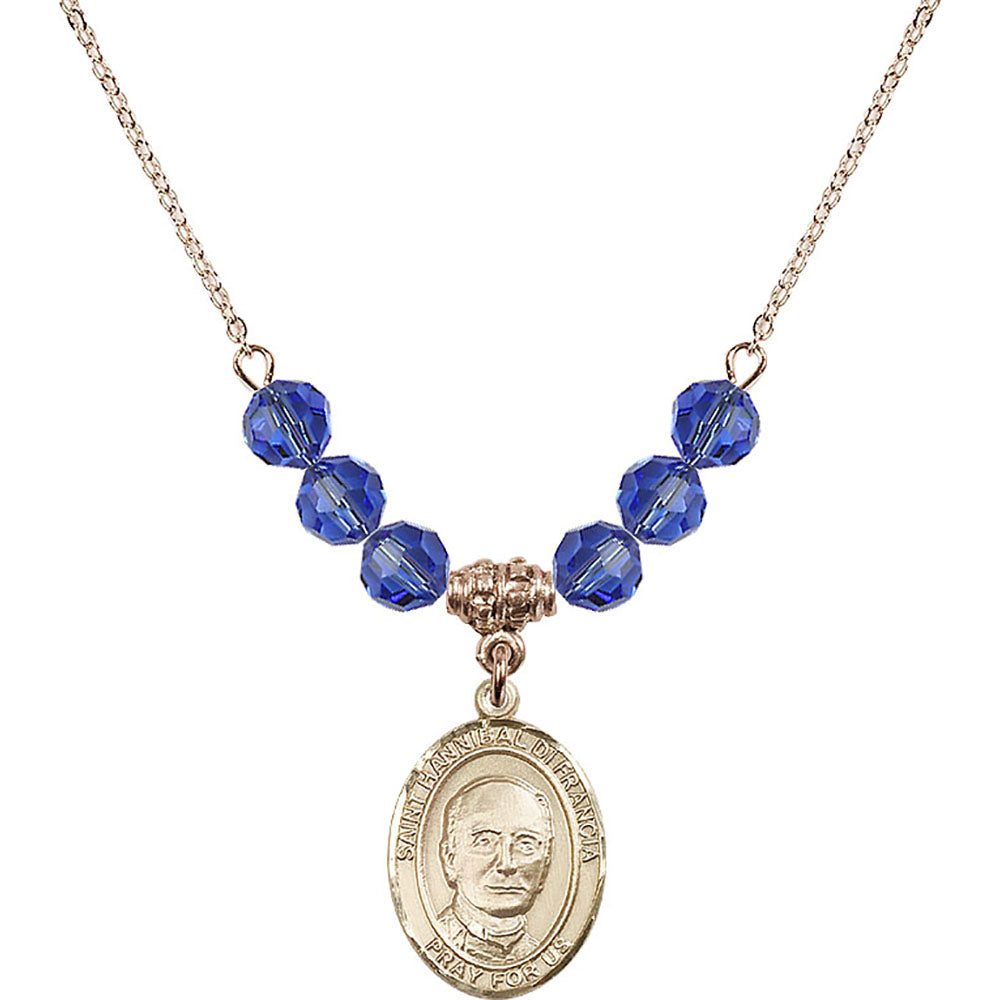 14kt Gold Filled Saint Hannibal Birthstone Necklace with Sapphire Beads - 8327