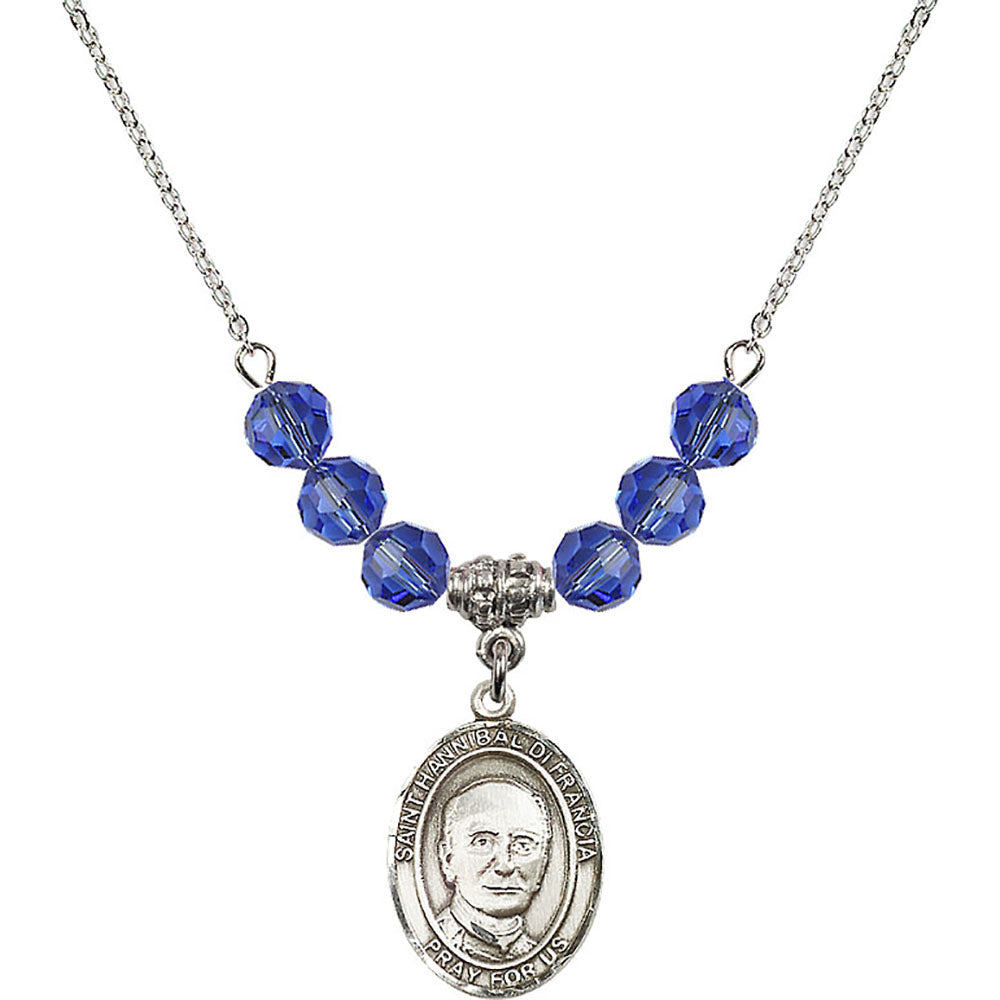 Sterling Silver Saint Hannibal Birthstone Necklace with Sapphire Beads - 8327