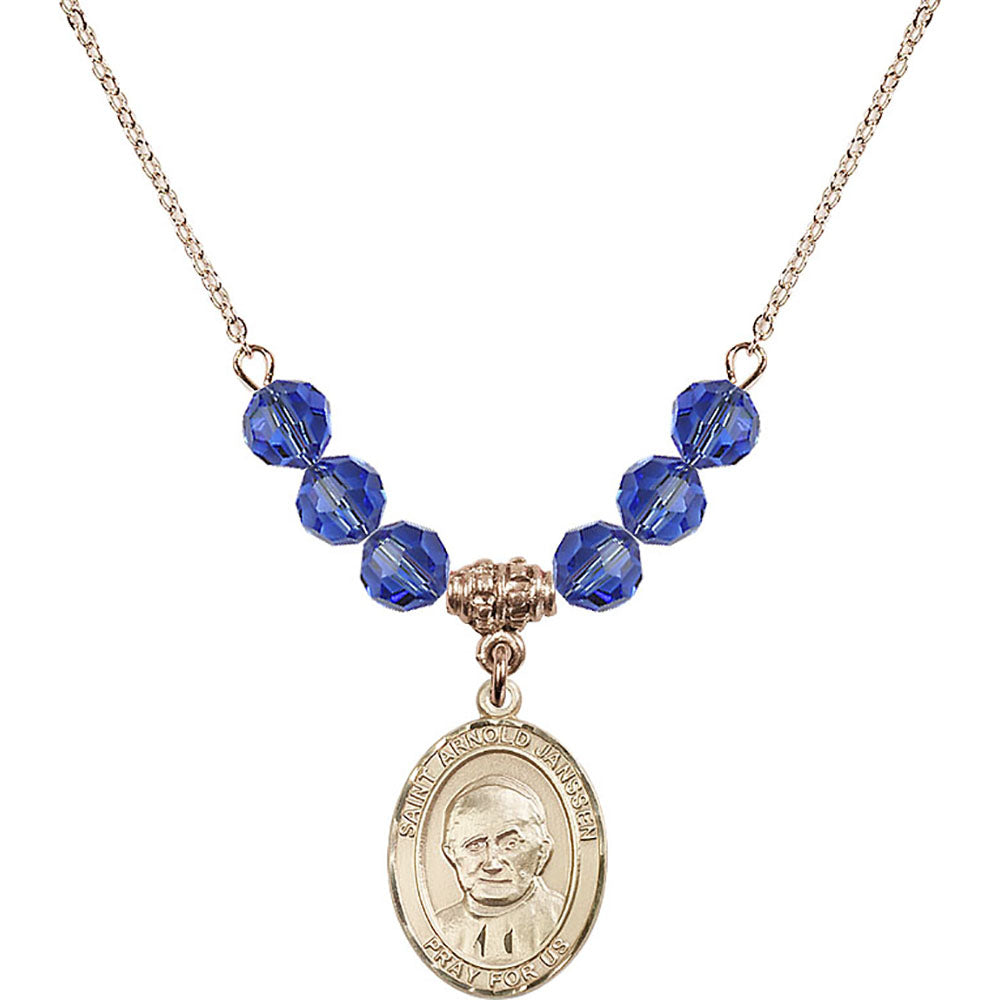 14kt Gold Filled Saint Arnold Janssen Birthstone Necklace with Sapphire Beads - 8328