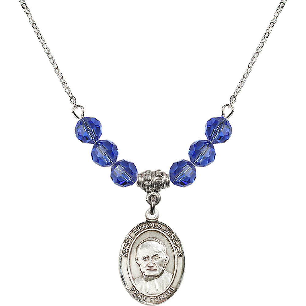 Sterling Silver Saint Arnold Janssen Birthstone Necklace with Sapphire Beads - 8328