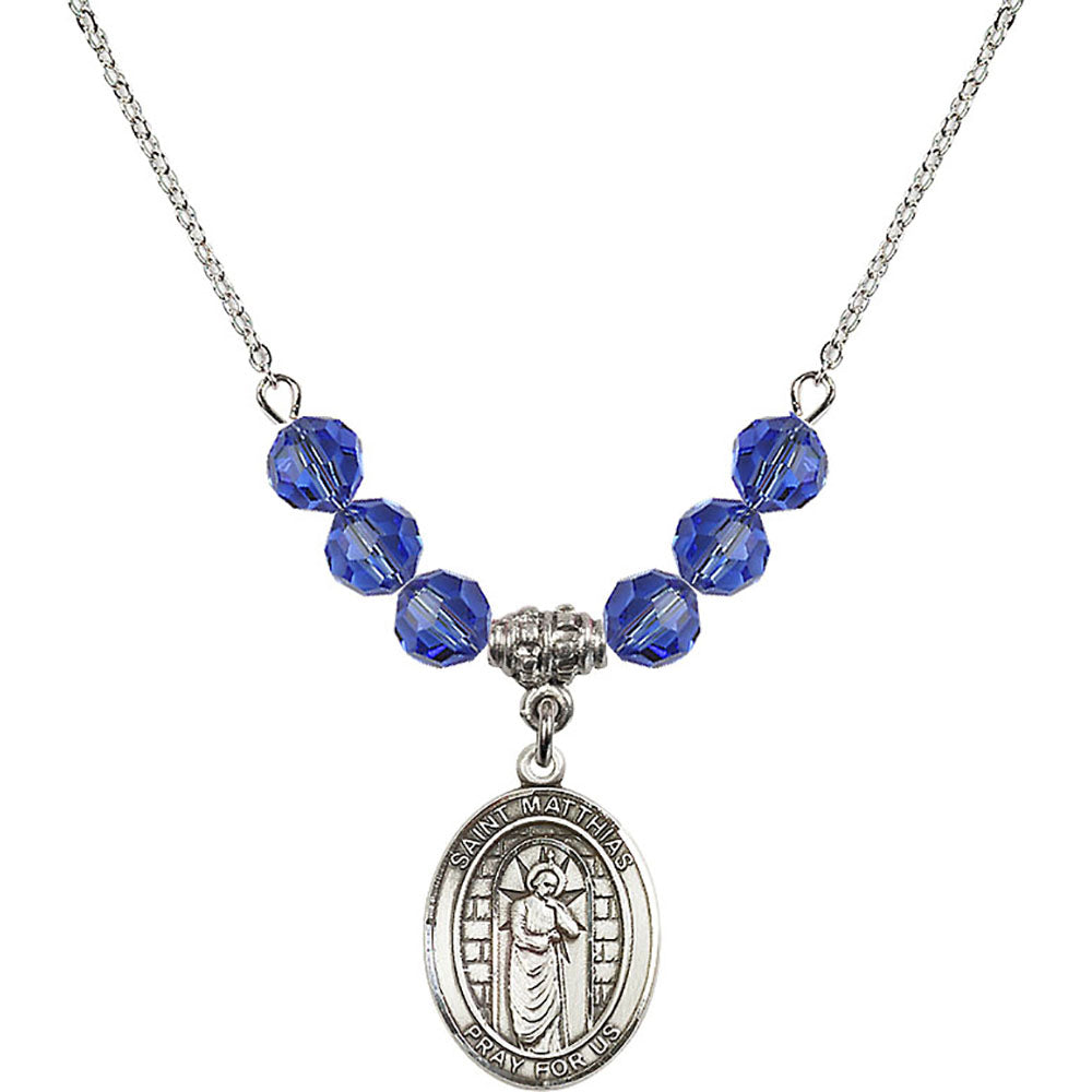 Sterling Silver Saint Matthias the Apostle Birthstone Necklace with Sapphire Beads - 8331