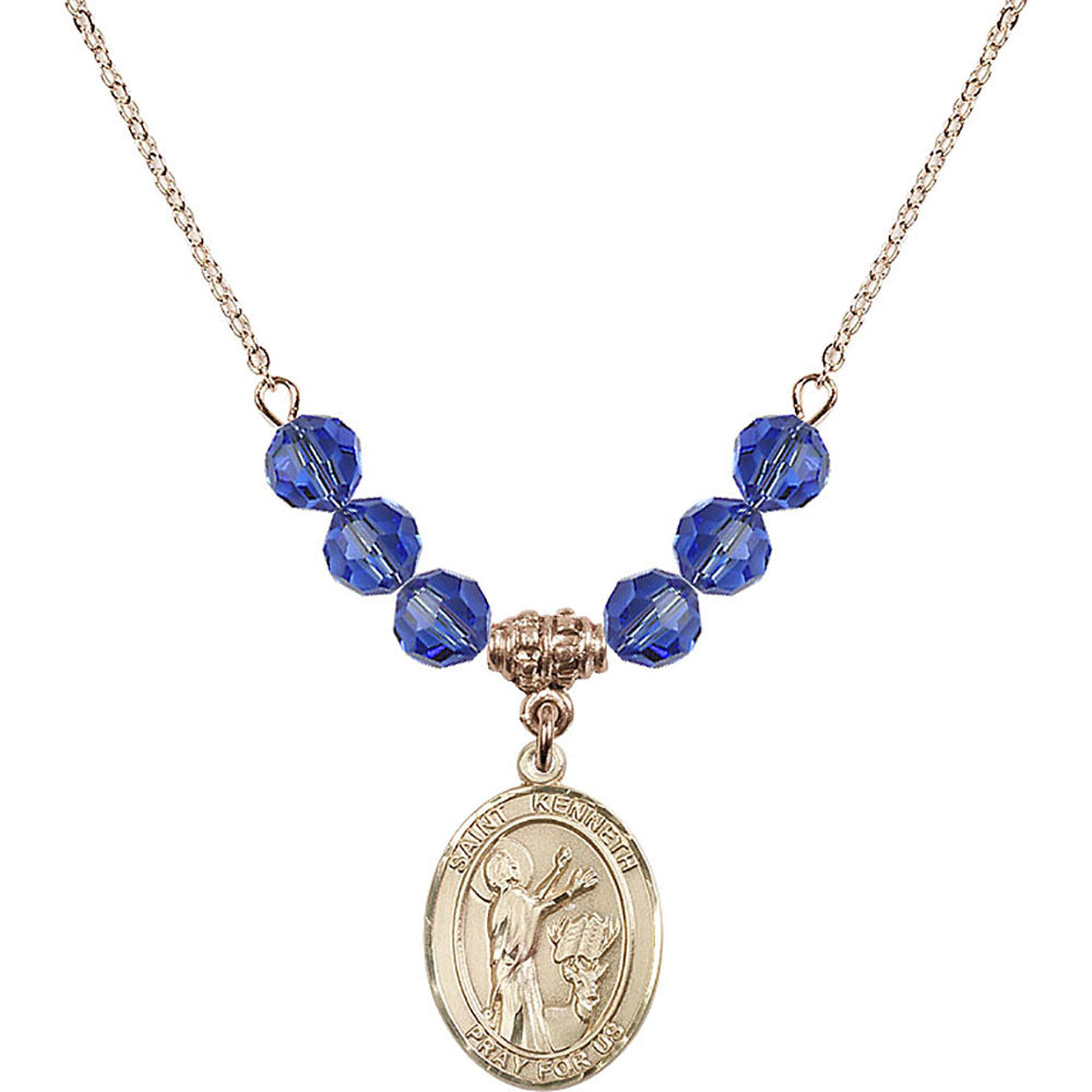 14kt Gold Filled Saint Kenneth Birthstone Necklace with Sapphire Beads - 8332