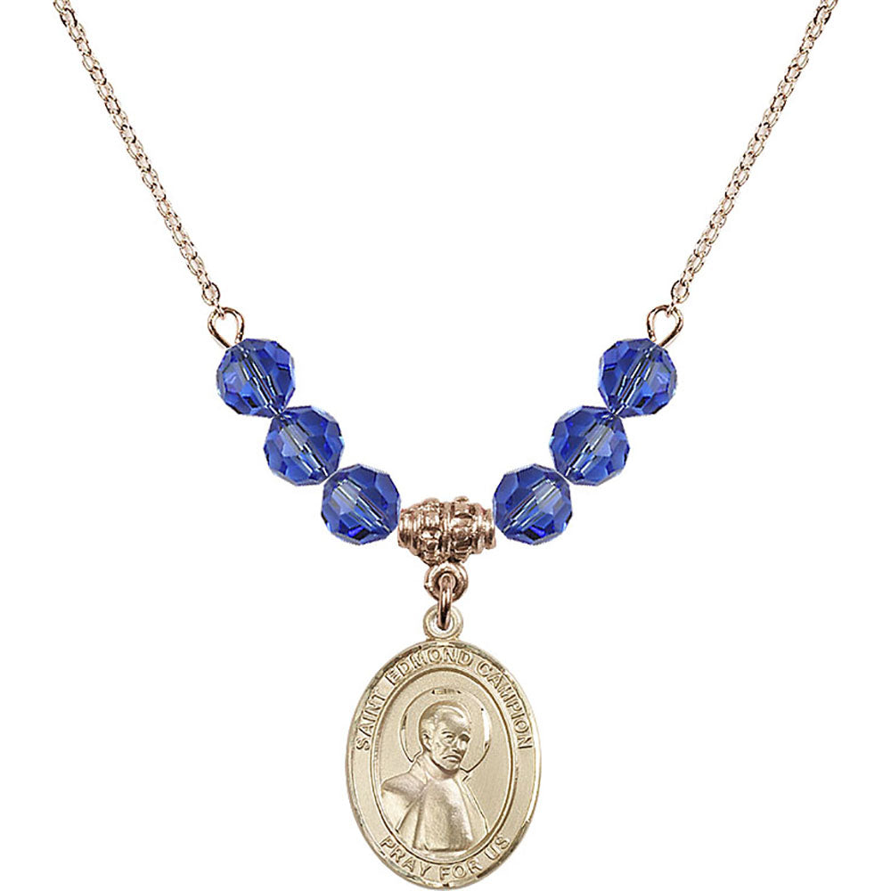 14kt Gold Filled Saint Edmund Campion Birthstone Necklace with Sapphire Beads - 8333