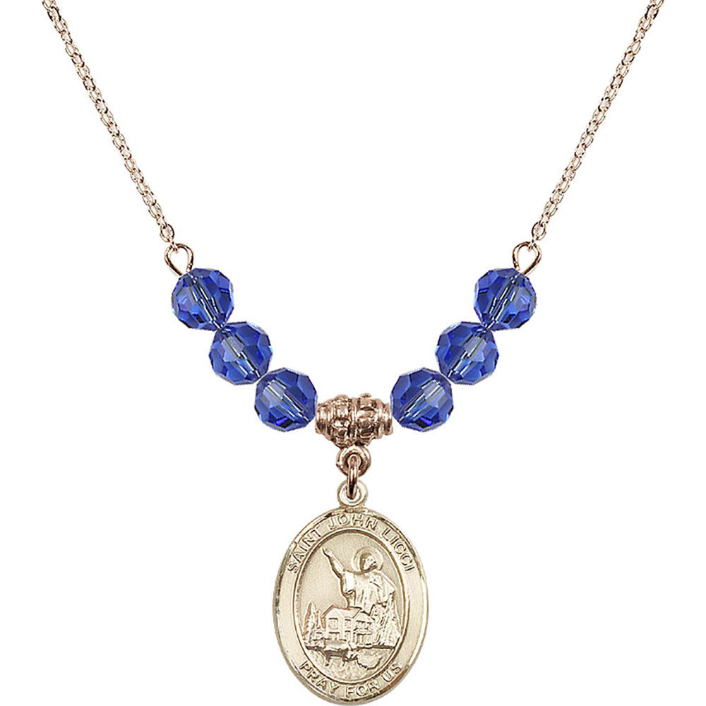 14kt Gold Filled Saint John Licci Birthstone Necklace with Sapphire Beads - 8358