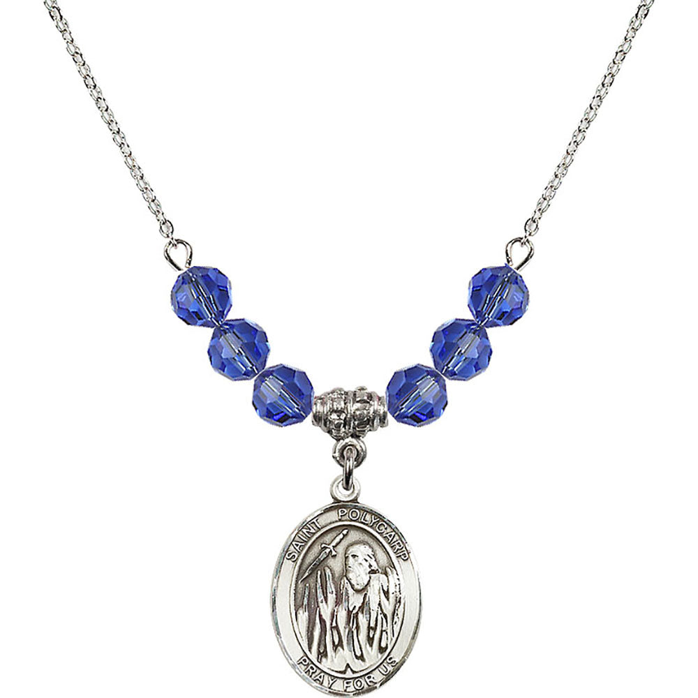 Sterling Silver Saint Polycarp of Smyrna Birthstone Necklace with Sapphire Beads - 8363