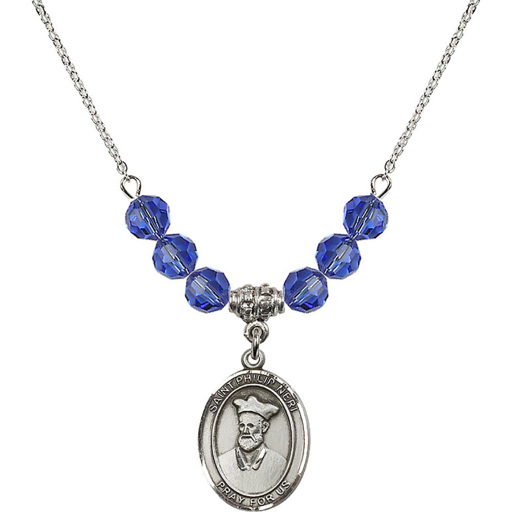Sterling Silver Saint Philip Neri Birthstone Necklace with Sapphire Beads - 8369