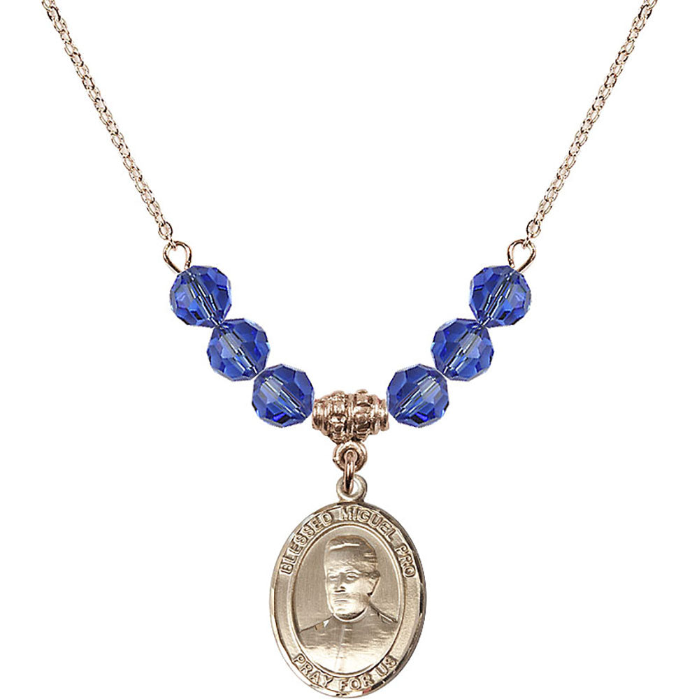14kt Gold Filled Blessed Miguel Pro Birthstone Necklace with Sapphire Beads - 8389