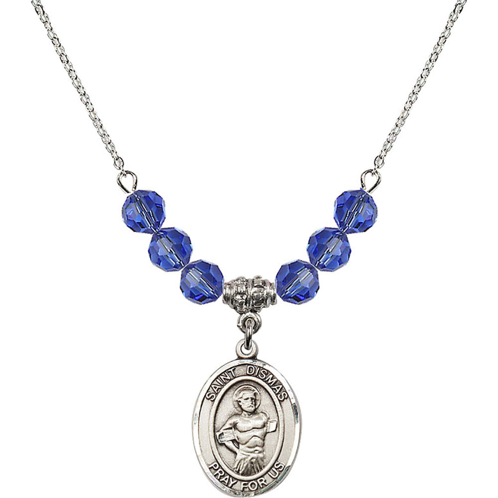 Sterling Silver Saint Dismas Birthstone Necklace with Sapphire Beads - 8418